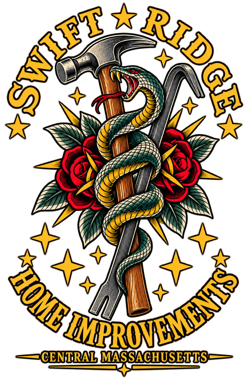 Swift Ridge Home Improvements logo featuring a snake wrapped around a framing hammer and crowbar with roses